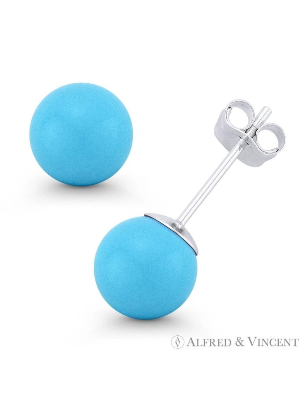 Blue Turquoise Ball Butterfly-Pushback Stud Earrings in 14k White Gold